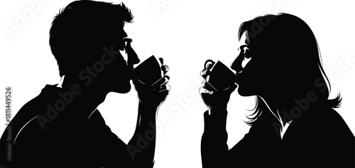 Silhouette of Two People Drinking Coffee Together in Conversation, Black and White Vector Art for Relaxation, Lifestyle, and Connection Themes