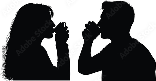 Silhouette of Two People Drinking Together, Sharing a Beverage Moment, Casual Conversation, Black Vector Art for Lifestyle and Relationship Themes