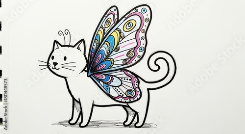 Charming cat butterfly illustration with colorful wings in whimsical style drawing sketch