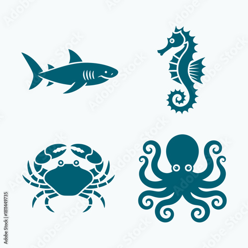 Set of sea animals blue icons. Shark, seahorse, crab, and octopus vector silhouettes.