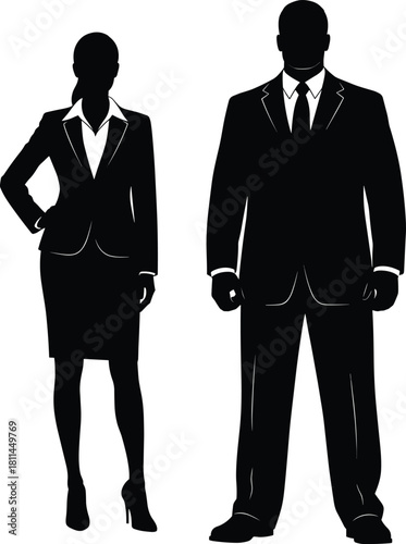 Silhouetted business professionals in formal attire standing confidently, representing gender diversity, workplace equality, and corporate professionalism in modern office culture.
