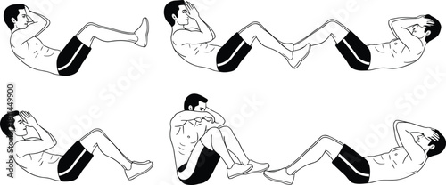 Vector illustration of man doing sit-up exercise in six stages, fitness workout posture guide for abdominal training and core strength.