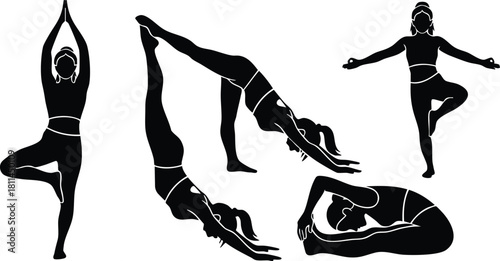 Four women performing different yoga poses in black silhouette style on white background