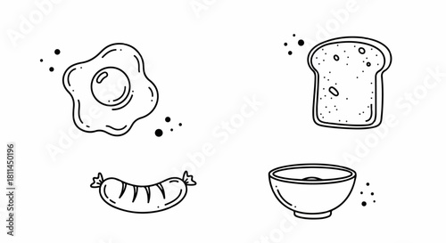 Minimalist hand-drawn breakfast food icons set, featuring a fried egg, toast, sausage, and cereal bowl, perfect for morning meal illustrations