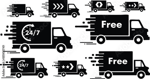 Delivery trucks icons set with 24/7 service and free shipping signs in black silhouette style