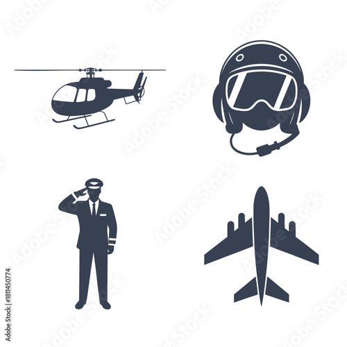 Aviation theme silhouette set with helicopter, pilot helmet, pilot saluting, and jet plane in blue color. Vector illustration.