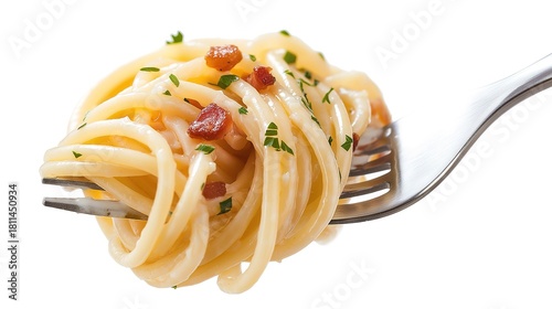 a fork holding spaghetti pasta neatly and evenly twirled in smooth spiral layers, with all noodle ends tucked in and no loose strands, coated evenly with creamy Korean-style white sauce, 