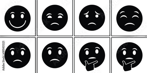 Black and white tic tac toe game with smiley face and sad face emoticons showing various emotions