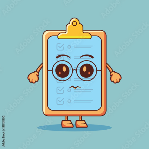 Worried Clipboard Mascot with Glasses, Task Management, Checklist Vector, Cartoon Illustration of a Stressed To Do List, Clipboard Character Thinking About Unfinished Tasks