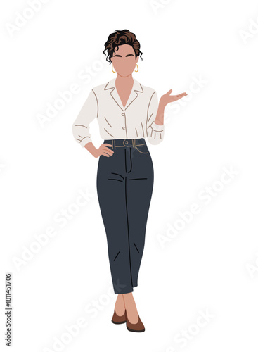 Minimalist vector of a professional woman in business casual attire, wearing a white blouse and blue trousers, standing in a confident pose with clean lines and modern styling.
