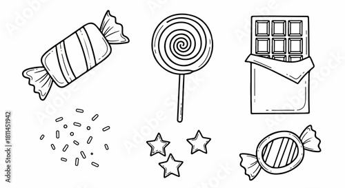 Collection of various outline sweets and candy icons. Hand-drawn doodle style vector graphic of chocolate, lollipop, and sugary treats