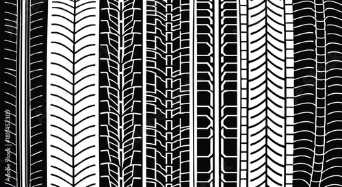 Tire tread patterns close-up black and white abstract design seamless background texture for automotive industry and marketing materials