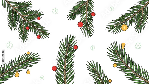 Festive fir tree branches adorned with baubles and snowflakes, perfect for holiday decor