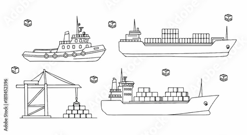 Cargo ships and cargo crane unloading containers with tug boat outline