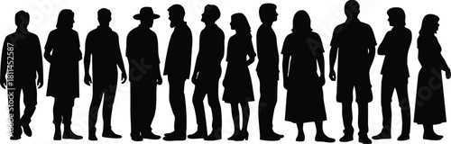 Diverse group of eleven people standing in silhouette against white background with varied poses and clothing styles