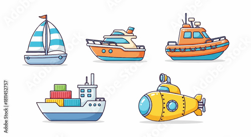 A cute cartoon collection of various sea transport vehicles. This set includes a sailboat, motor yacht, rescue boat, container ship, and submarine for maritime concepts