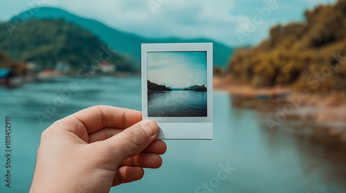 Hand Holding Blank Instant Photograph in Sunlit Forest
