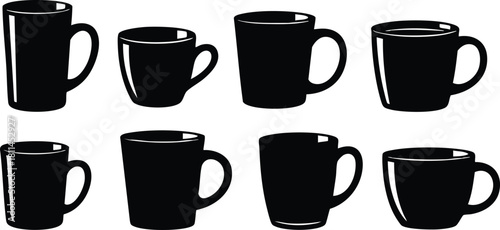 Black coffee mugs silhouette set with various shapes and handles isolated on white background