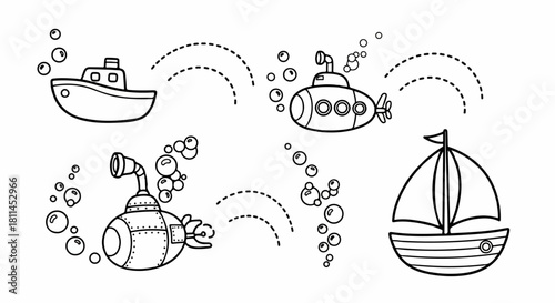 Collection of simple line drawings depicting various boats and submarines with playful bubble trails
