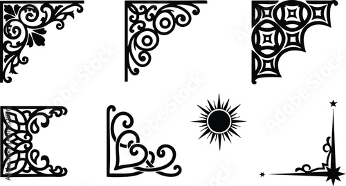 Decorative black ornamental corner designs with floral and geometric patterns in vector style