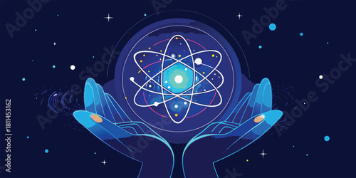 Hands Holding Glowing Atom Symbol Science Technology Concept with vector illustration