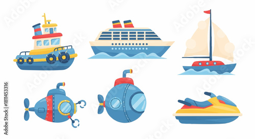 Illustration of Various Cartoon Sea Transportation Vessels, Including Cruise Ship and Submarine