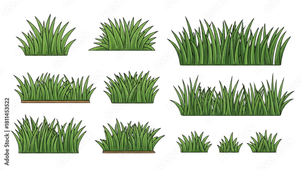 Fototapeta premium Vector set of green grass tufts and clumps for natural landscaping, garden, and park design elements