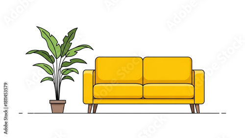 Cozy Yellow Sofa and Potted Plant A Simple Illustration of Home Comfort