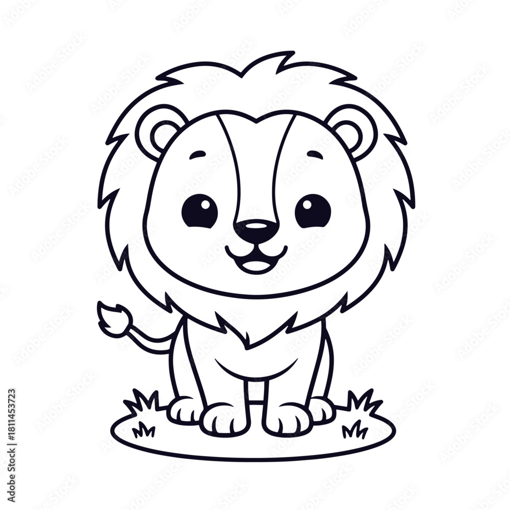 Fototapeta premium Cartoon Lion Outline black and white Illustration