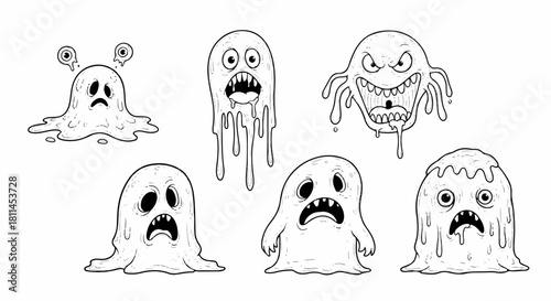 Collection of diverse hand-drawn cartoon spooky ghosts featuring melted, gooey, and slimy textures, each expressing unique distressed emotions, ideal for eerie and Halloween-themed projects