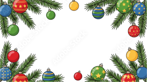 Vibrant Holiday Frame with Evergreen Branches and Sparkling Baubles for Festive Greetings