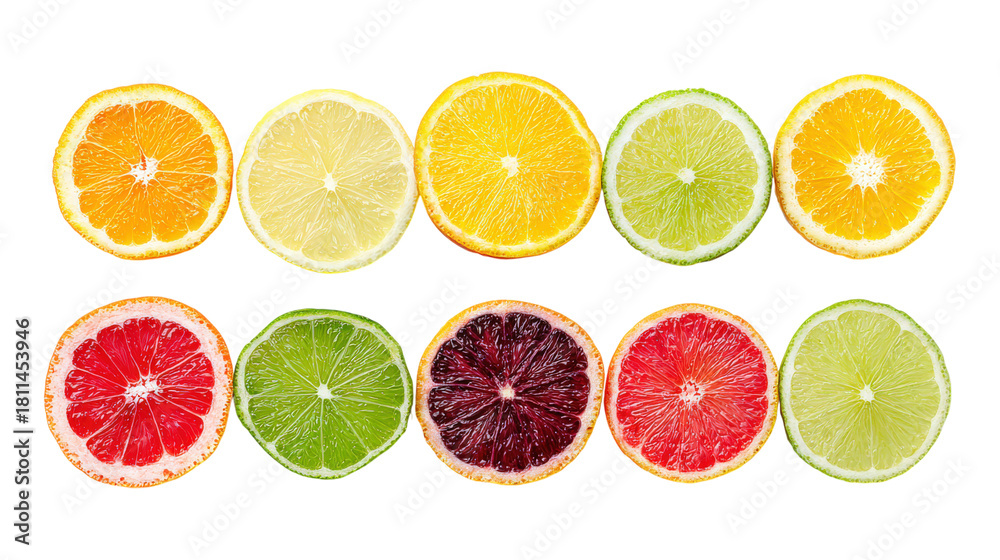 Fototapeta premium Fruit slices collection, flat lay isolated on a white background