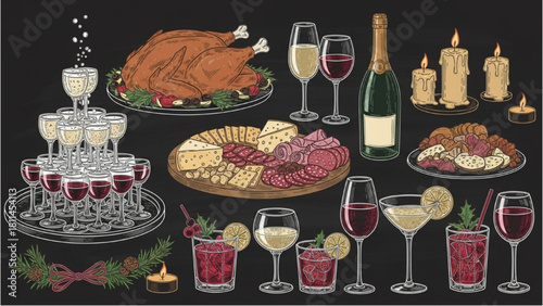 Elaborate Holiday Banquet with Roasted Turkey and Assorted Drinks Chalk Drawing