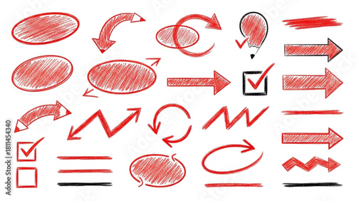 Set of Hand-Drawn Sketchy Red Annotation Elements with Arrows, Circles, and Underlines for Emphasis