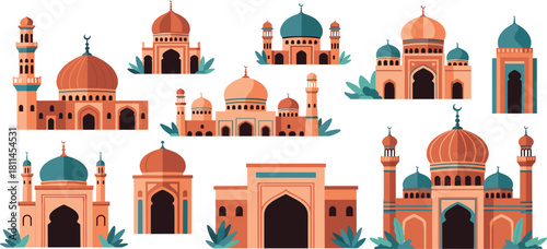 Collection of beautiful mosques and Islamic buildings, a set of architectural icons for design
