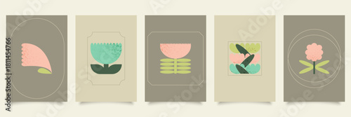 Natural minimalist graphic elements. Bauhaus flowers vector illustrations. Modern Scandinavian design, collection of original postcard, poster, banner template.