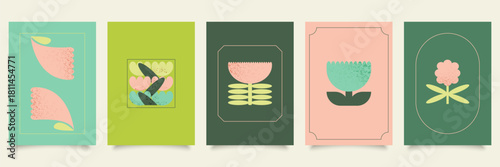 Natural minimalist graphic elements. Bauhaus flowers vector illustrations. Modern Scandinavian design, collection of original postcard, poster, banner template.