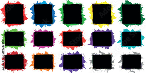Collection of vibrant abstract square frames with grunge paint splatters, perfect for artistic design elements, border decorations, or dynamic photo placeholders for various creative projects