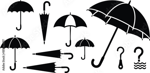 Black silhouette umbrella icons set with various shapes and styles isolated on white background