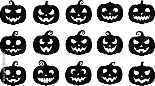 Black silhouette Halloween pumpkin faces with various scary and funny expressions in horizontal arrangement