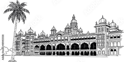 Illustration of the Mysore Palace, a historical landmark in India, showcasing its intricate architecture and design