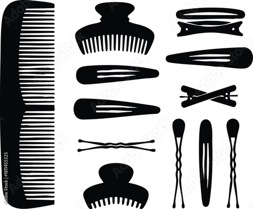 Hair styling tools collection with combs hairpins and clips in silhouette style on white background