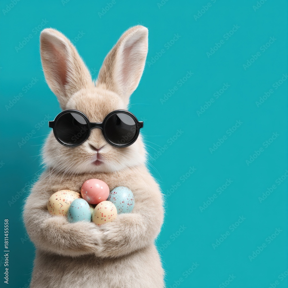 Fototapeta premium Bunny wearing sunglasses holding easter eggs