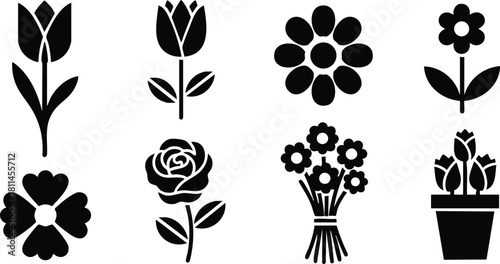 Black silhouette set of various flower shapes including tulip rose bouquet and potted plants vector icons