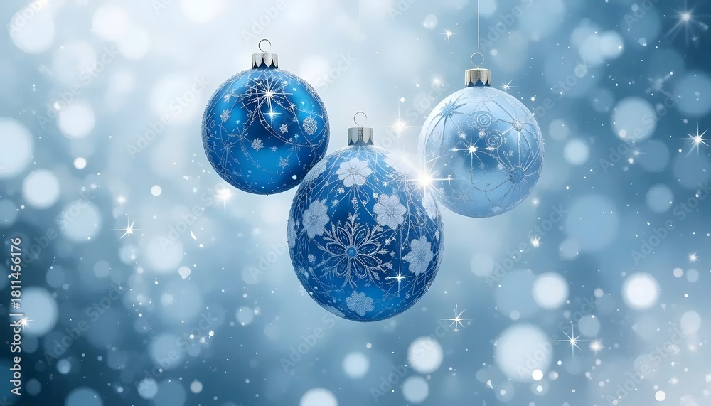 Fototapeta premium Festive Blue Ornaments Sparkling on a Wintery Background