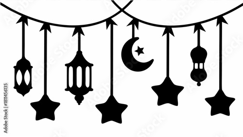 Elegant Ramadan decoration with lanterns, stars, and crescent moon for festive celebration, ideal for greeting cards, posters, and holiday designs