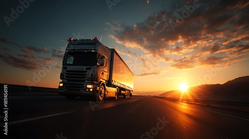 Dramatic Semi-Trailer Truck Driving on Empty Highway at Sunset with Wet Asphalt Reflections