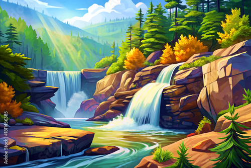 Blackwater Falls West Virginia Golden brown waterfall rushing through misty evergreen forest under cool Appalachian air