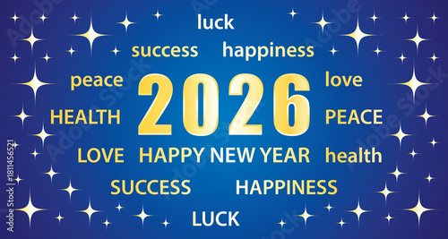 Happy New Year 2026. Greeting card with best wishes. Blue and gold hand drawn illustration banner.