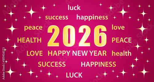 Happy New Year 2026. Greeting card with best wishes. Pink and gold hand drawn illustration banner.